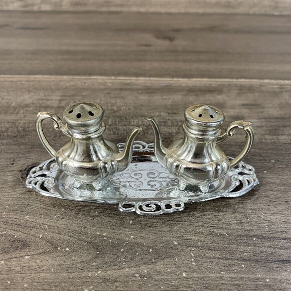 Vintage Salt & Pepper Shaker Metal Silver Coffee Tea Pot with Tray 1.5" - 3PCS - Picture 2 of 10